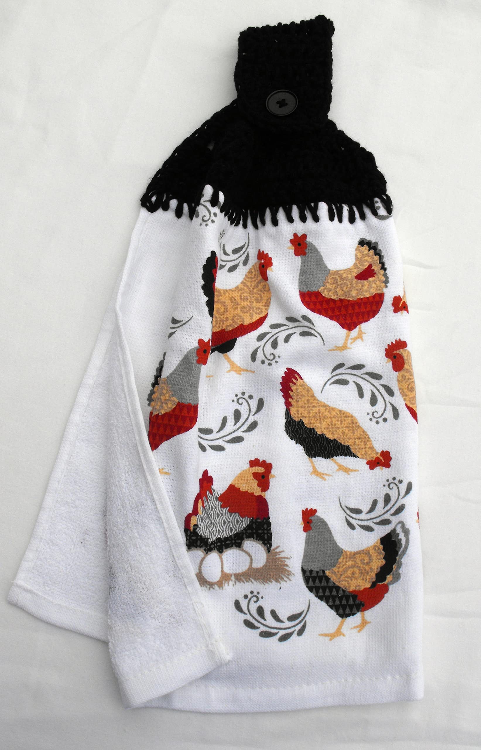 HEN, CHICKENS, ROOSTER & EGGS - CROCHET TOP HANGING KITCHEN TOWEL- DOUBLE THICK/FULL TOWEL