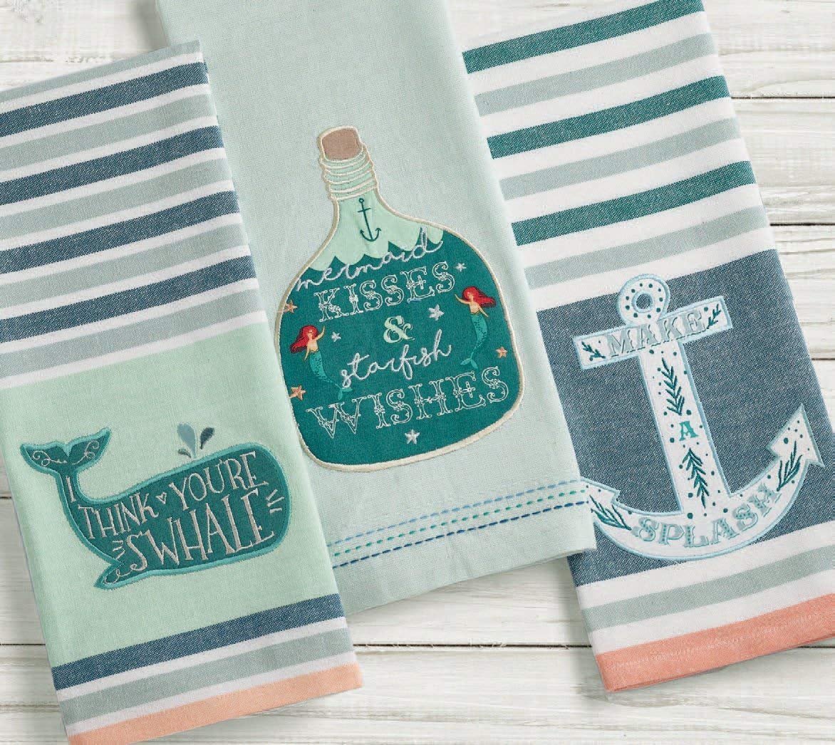 Design Imports DII Deep Sea Beach Inspired Embellished Dish Towels - Set of 3 - Mermaid Kisses - I Think You're Swhale - Make a Splash