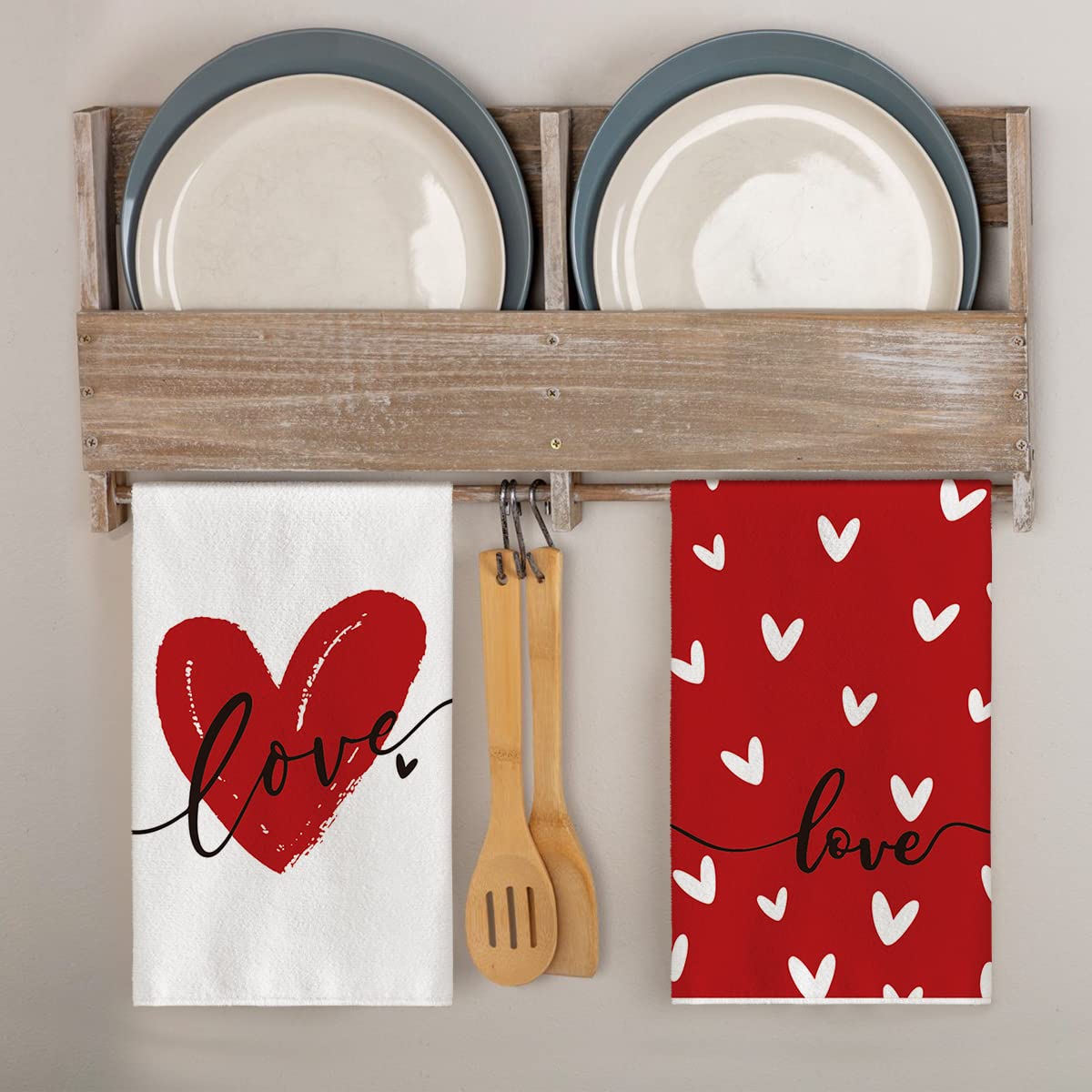 Artoid Mode Love Heart Valentine's Day Kitchen Towels Dish Towels, 18x26 Inch Seasonal Decoration Hand Towels Set of 2