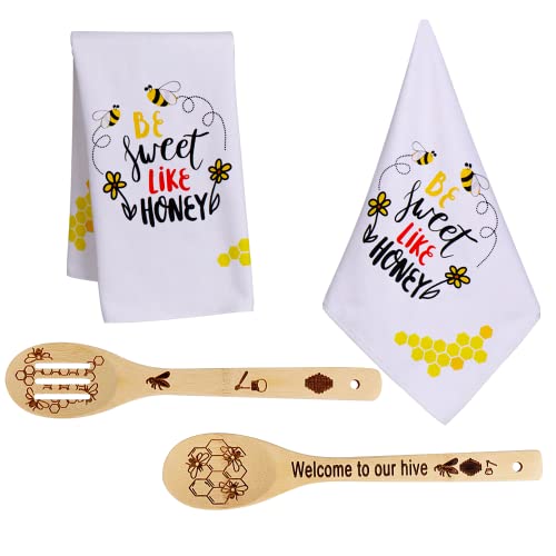 Bee Decor Set of 4,2 Bee Wooden Spoons & 2 Bee Kitchen Towels,Farmhouse Honey Bee Kitchen Decor,Bumble Bee Decorations,Bee Gifts,Birthday Gifts,Housewarming Gifts