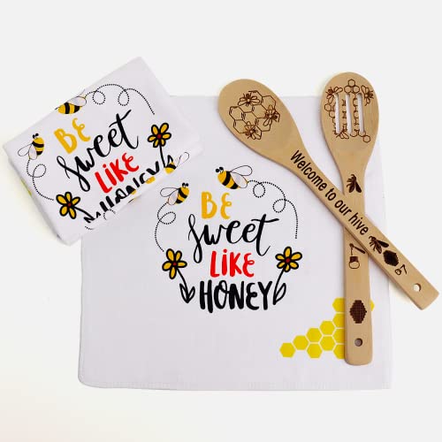 Bee Decor Set of 4,2 Bee Wooden Spoons & 2 Bee Kitchen Towels,Farmhouse Honey Bee Kitchen Decor,Bumble Bee Decorations,Bee Gifts,Birthday Gifts,Housewarming Gifts