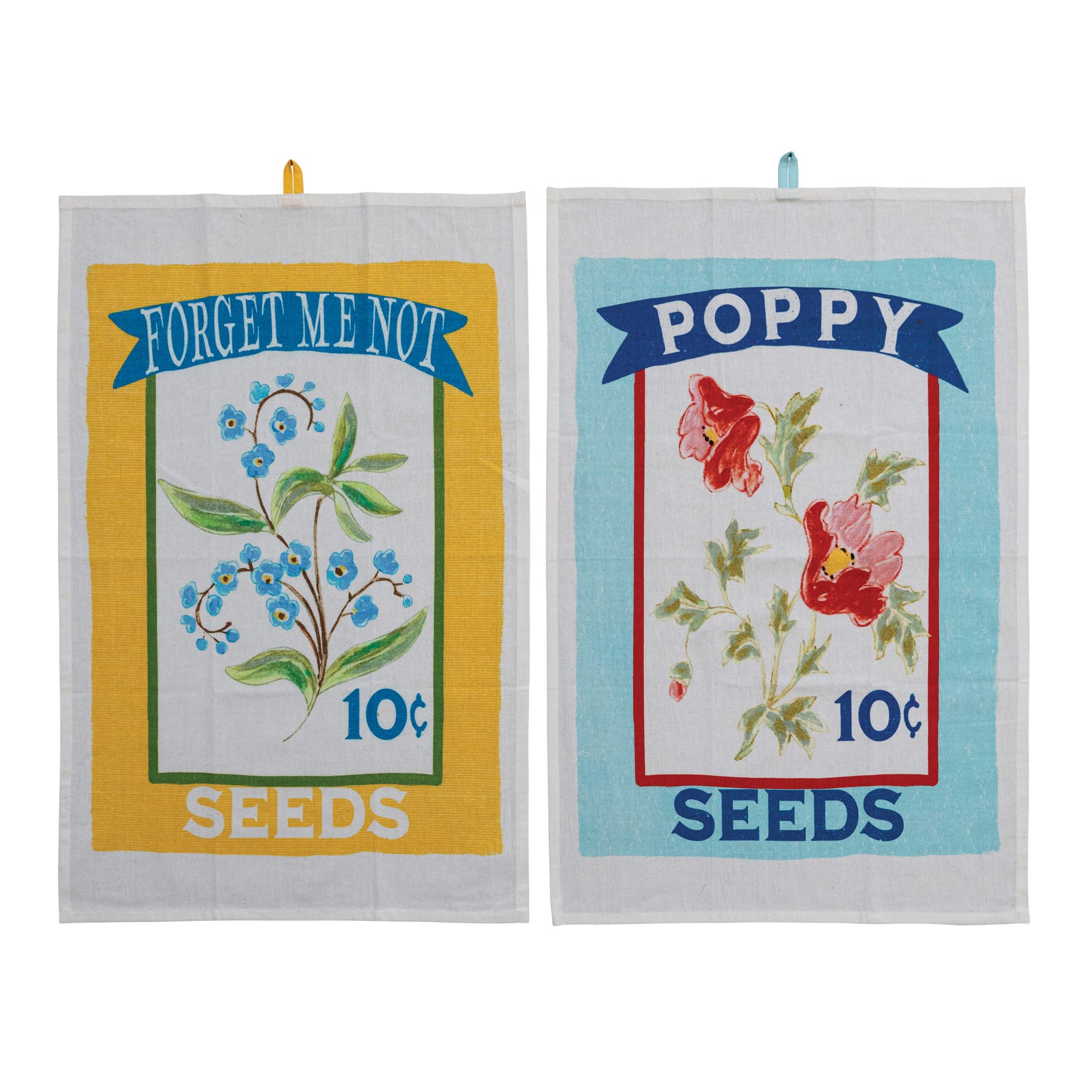 Creative Co-Op Cottage Cotton Printed Loop and Forget Me Not and Poppy Seeds Messages, Set of 2 Styles, Multicolor Tea Towel, Multi