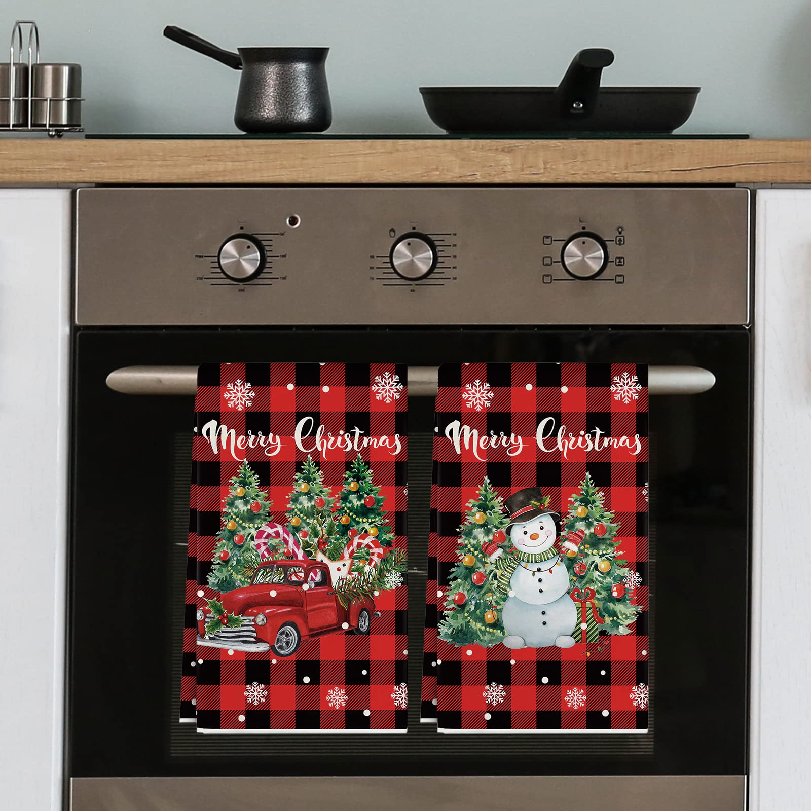 AnyDesign Merry Christmas Kitchen Towels Red Black Buffalo Plaid Dish Towels 28 x 18 Snowman Truck Xmas Tree Holiday Hand Drying Towels for Christmas Home Kitchen Decor Housewarming Gifts, Set of 2