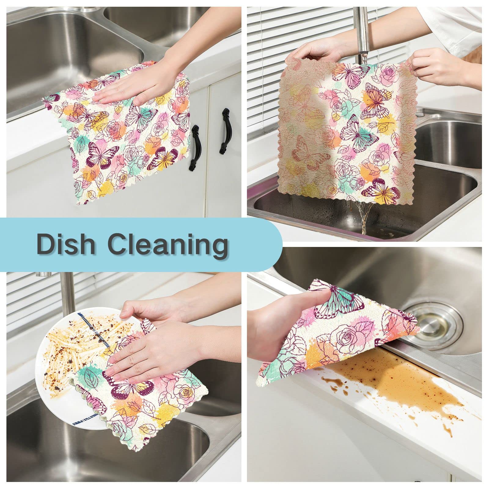 JIPONI 6 Pack Kitchen Dishcloth, Butterfly and Rose Absorbent Dish Towels Reusable Soft Cleaning Cloths 11 x 11 inch