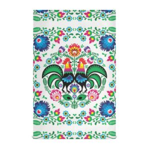 polish floral rooster folk art colorful on white set of 1 polyester kitchen dish towel, dishtowels waffle dishcloths, hemmed napkin towel, hand bar tea towels with hanging loop