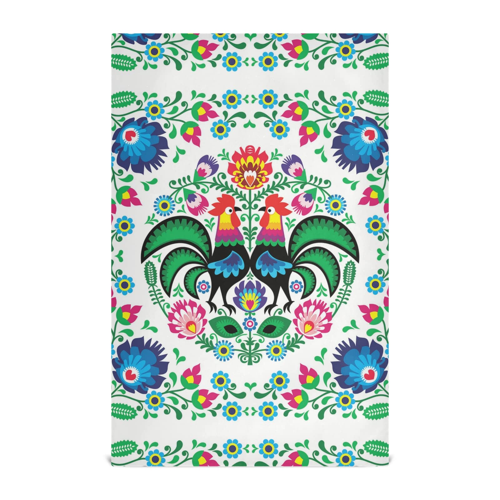 Polish Floral Rooster Folk Art Colorful On White Set of 1 Polyester Kitchen Dish Towel, Dishtowels Waffle Dishcloths, Hemmed Napkin Towel, Hand Bar Tea Towels with Hanging Loop