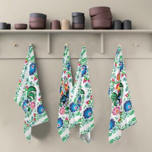 Polish Floral Rooster Folk Art Colorful On White Set of 1 Polyester Kitchen Dish Towel, Dishtowels Waffle Dishcloths, Hemmed Napkin Towel, Hand Bar Tea Towels with Hanging Loop