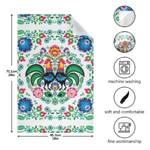 Polish Floral Rooster Folk Art Colorful On White Set of 1 Polyester Kitchen Dish Towel, Dishtowels Waffle Dishcloths, Hemmed Napkin Towel, Hand Bar Tea Towels with Hanging Loop
