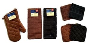 kitchen linens set by home collection featuring: 2 kitchen towels, 2 pot holders, 1 oven mitt, 2 dishcloths (7 piece bundle, solid brown & black)