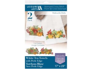 leisure arts tea towel 17"x28" fruits 2pc, towel set, embroidery kit, bathroom hand towels, kitchen towel, cross stitch kits, stamped cross stitch kits