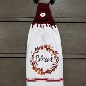 Crochet Top Kitchen Towel Blessed in Burgundy