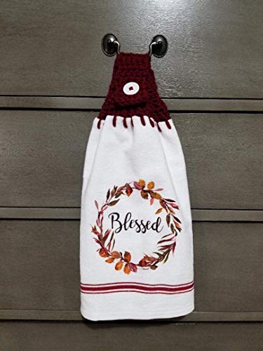 Crochet Top Kitchen Towel Blessed in Burgundy