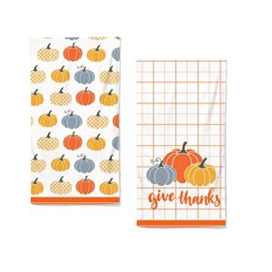 enozous fall kitchen towels set of 2, thanksgiving harvest dish towel soft pumpkins plaid tea towel large size hand towel for bathroom 18x28 inch