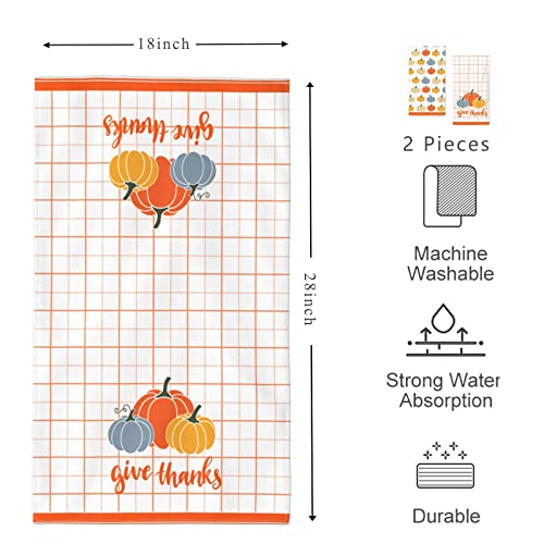 ENOZOUS Fall Kitchen Towels Set of 2, Thanksgiving Harvest Dish Towel Soft Pumpkins Plaid Tea Towel Large Size Hand Towel for Bathroom 18x28 Inch