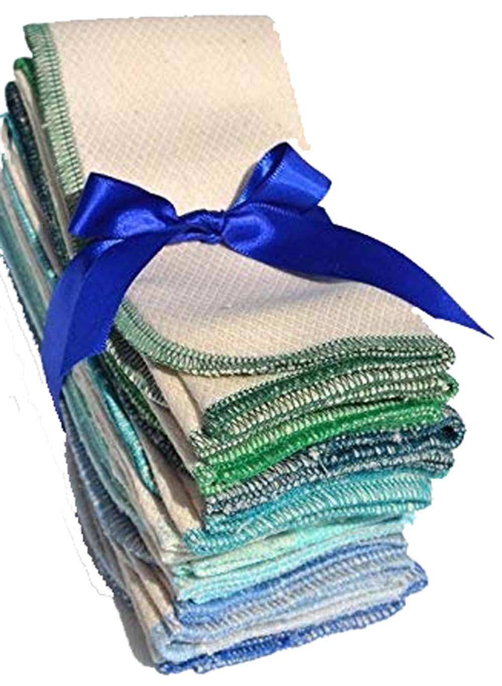 2 Ply 11x12 Inches Natural Unbleached Birdseye Paperless Towel Set of 10 Assorted Blues and Greens