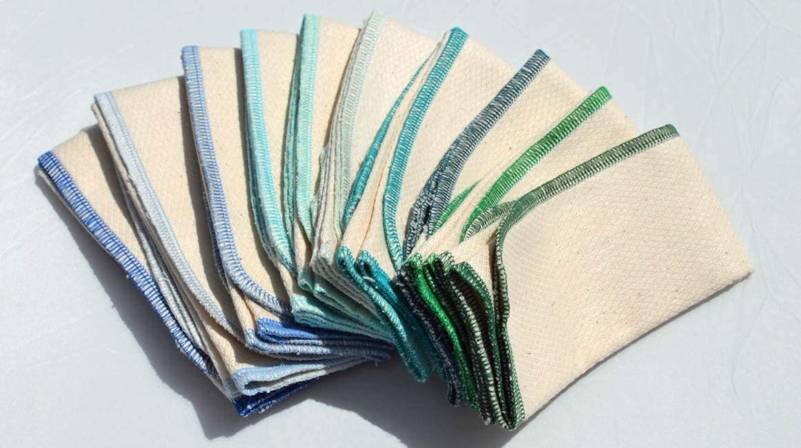 2 Ply 11x12 Inches Natural Unbleached Birdseye Paperless Towel Set of 10 Assorted Blues and Greens