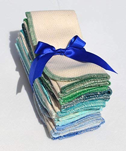 2 Ply 11x12 Inches Natural Unbleached Birdseye Paperless Towel Set of 10 Assorted Blues and Greens