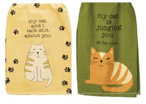 2 piece kitchen dish towel bundle for cat owner, my cat is judging you and my cat and i talk about you