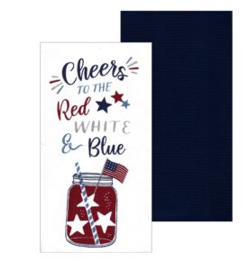 patriotic kitchen towel set - red white and blue dual cotton terry dishtowel decorated with mason jar drink, american flag for 4th of july, memorial day,