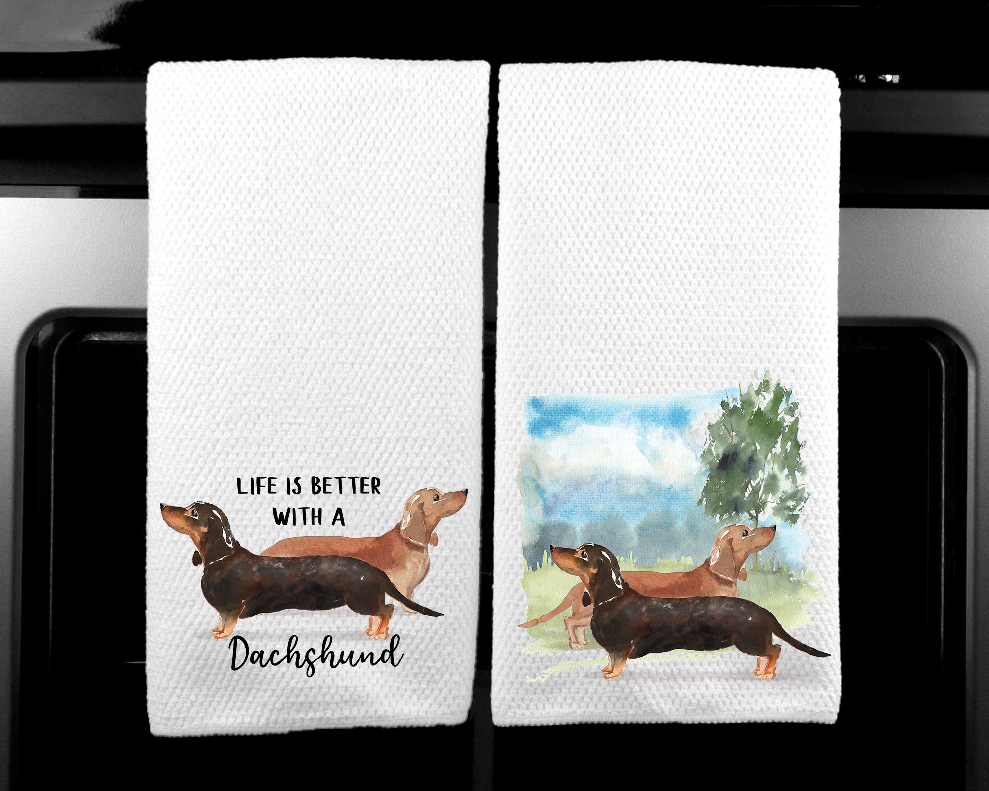 Dachshund Landscape and Watercolor Dog Life is Better Microfiber Kitchen Tea Towel Set of 2