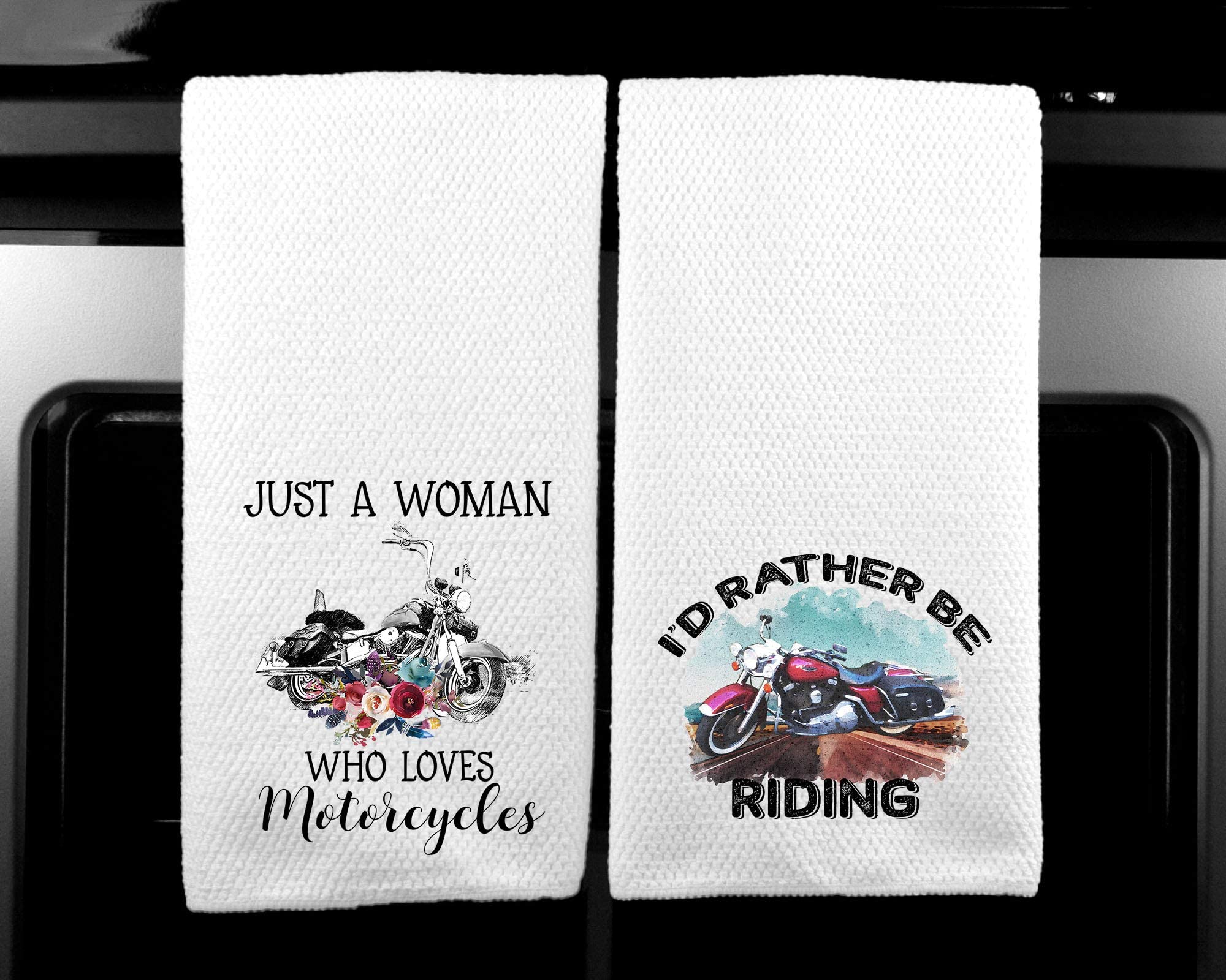Just a Woman who Loves Motorcycles and I'd Rather be Riding Microfiber Kitchen Towel Gift for Rider Set of 2