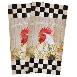 kitchen towels dish towel set of 2,farm rooster sunflower painting absorbent hand towels cleaning dishcloth tea towels,vintage wooden board black lattice reusable drying dish cloths