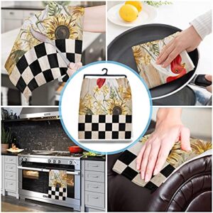 Kitchen Towels Dish Towel Set of 2,Farm Rooster Sunflower Painting Absorbent Hand Towels Cleaning Dishcloth Tea Towels,Vintage Wooden Board Black Lattice Reusable Drying Dish Cloths