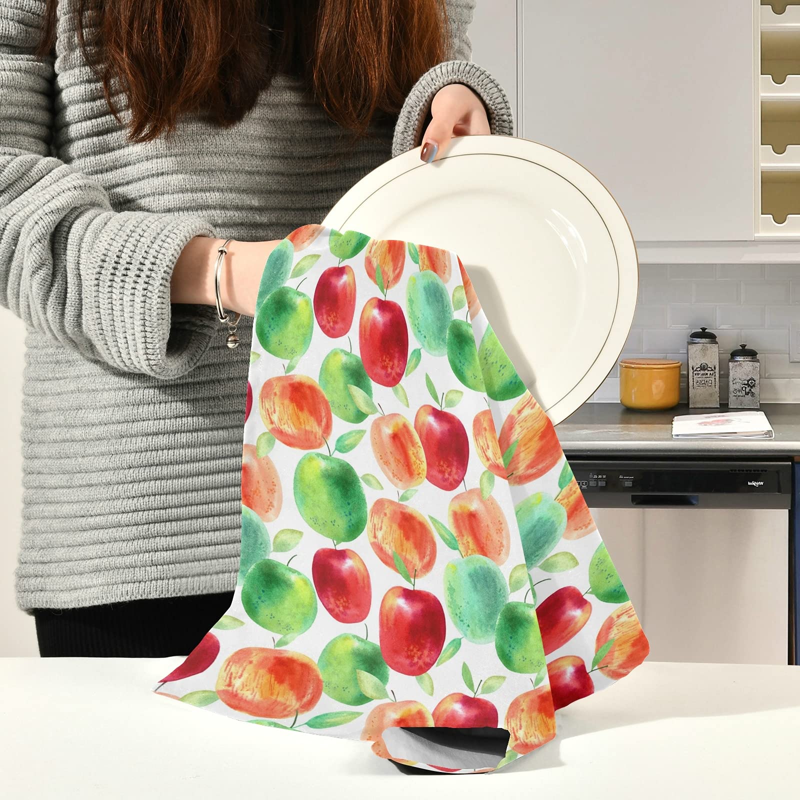 Apple Red Green Kitchen Towels Absorbent Dish Towels Soft Wash Clothes for Drying Dishes Cleaning Towels for Home Decorations 1 Piece, 28 X 18 Inch