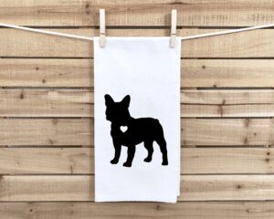 french bulldog silhouette flour sack kitchen towel with hanging loop - 100% cotton - funny frenchie bulldog dish cloth - housewarming hostess birthday christmas mothers day gift idea