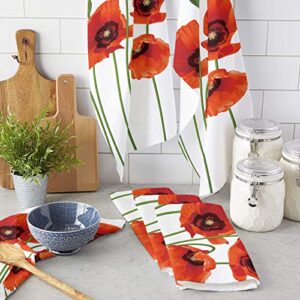 Kitchen Towels Dish Towel Set of 4,Red Poppy Floral Green Plant Absorbent Hand Towels Cleaning Dishcloth Tea Towels,Farm Watercolor Flower Reusable Drying Dish Cloths