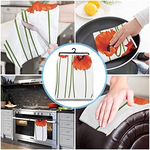 Kitchen Towels Dish Towel Set of 4,Red Poppy Floral Green Plant Absorbent Hand Towels Cleaning Dishcloth Tea Towels,Farm Watercolor Flower Reusable Drying Dish Cloths