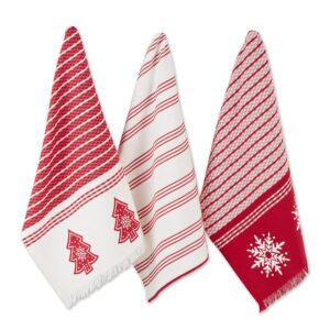dii nordic christmas collection plaid & stripes, holiday dish towels, kitchen towel set, 18x28, red stripes, 3 count