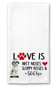 the creating studio personalized love is wet noses sloppy kisses and a shih tzu waffle kitchen towel, valentine gift, housewarming gift, dog lover gift (blk/white dog)