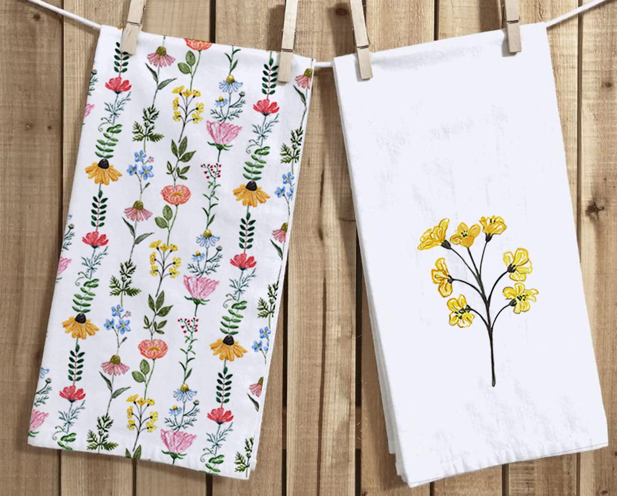 Set of 2 Spring Flowers Kitchen Dish Towel 18 x 28 Inch, Seasonal Spring Summer Wild Floral Tea Towels Dish Cloth for Cooking Baking