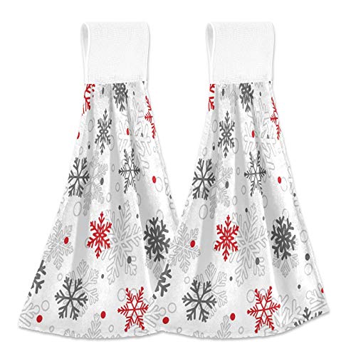 Winter Snowflakes Kitchen Hanging Towel Red White Snow Hand Fingertip Bath Tie Towels Set of 2 Pcs Tea Bar Dish Cloths 14 x 18 in Dry Towel Soft Absorbent Thin Durable for Laundry Room Decor