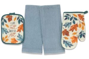 nantucket home love fall fun kitchen pot holder mitt set, 4pc: colorful autumn leaves of orange, yellow, and teal on beige background with solid country blue towels