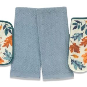 Nantucket Home Love Fall Fun Kitchen Pot Holder Mitt Set, 4pc: Colorful Autumn Leaves of Orange, Yellow, and Teal on Beige Background with Solid Country Blue Towels