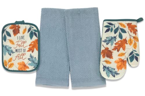 Nantucket Home Love Fall Fun Kitchen Pot Holder Mitt Set, 4pc: Colorful Autumn Leaves of Orange, Yellow, and Teal on Beige Background with Solid Country Blue Towels