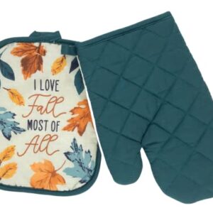 Nantucket Home Love Fall Fun Kitchen Pot Holder Mitt Set, 4pc: Colorful Autumn Leaves of Orange, Yellow, and Teal on Beige Background with Solid Country Blue Towels