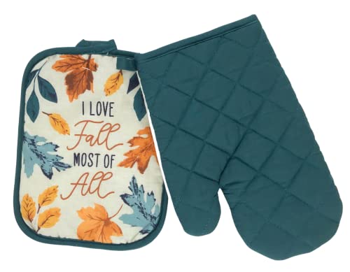 Nantucket Home Love Fall Fun Kitchen Pot Holder Mitt Set, 4pc: Colorful Autumn Leaves of Orange, Yellow, and Teal on Beige Background with Solid Country Blue Towels