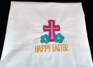 easter embroidered tea towel, cross with flowers, flour sack towel, dish towel, spring kitchen decor