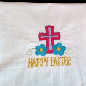 Easter embroidered tea towel, cross with flowers, flour sack towel, dish towel, spring kitchen decor