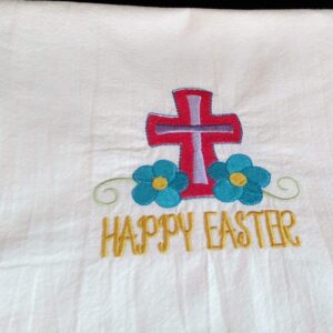 Easter embroidered tea towel, cross with flowers, flour sack towel, dish towel, spring kitchen decor