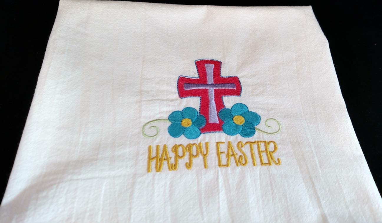 Easter embroidered tea towel, cross with flowers, flour sack towel, dish towel, spring kitchen decor