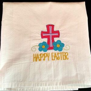 Easter embroidered tea towel, cross with flowers, flour sack towel, dish towel, spring kitchen decor