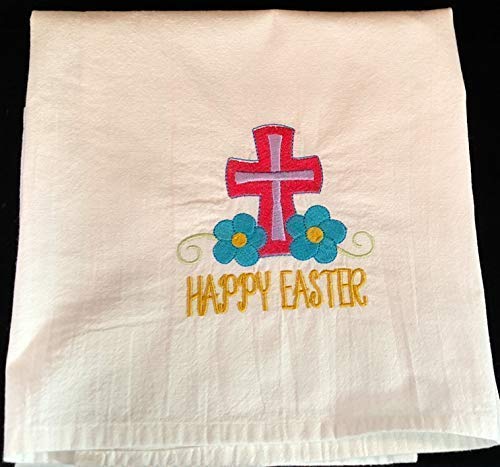 Easter embroidered tea towel, cross with flowers, flour sack towel, dish towel, spring kitchen decor