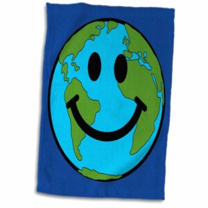 3drose planet smiley face-happy world globe earth day-smilie for peace eco friendly green symbol towel, 15" x 22", white