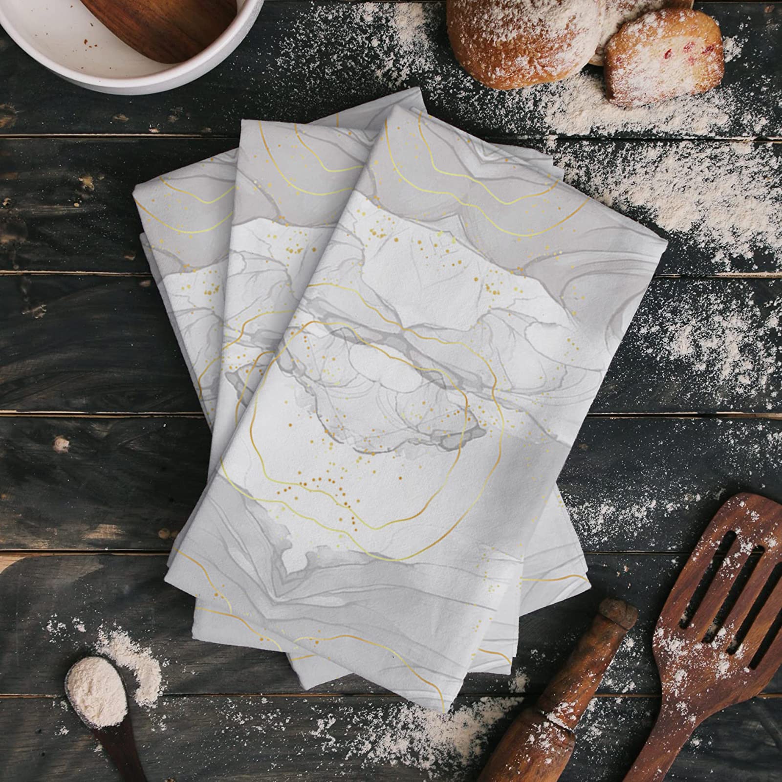 Kitchen Towels Dish Cloth 1 Pack Abstract White Grey Marble Stone Soft Absorbent Dish Towel Reusable Cleaning Cloths Tea Bar Hand Towels Natural Agate with Gold Line Drying Dishcloth for Dishes