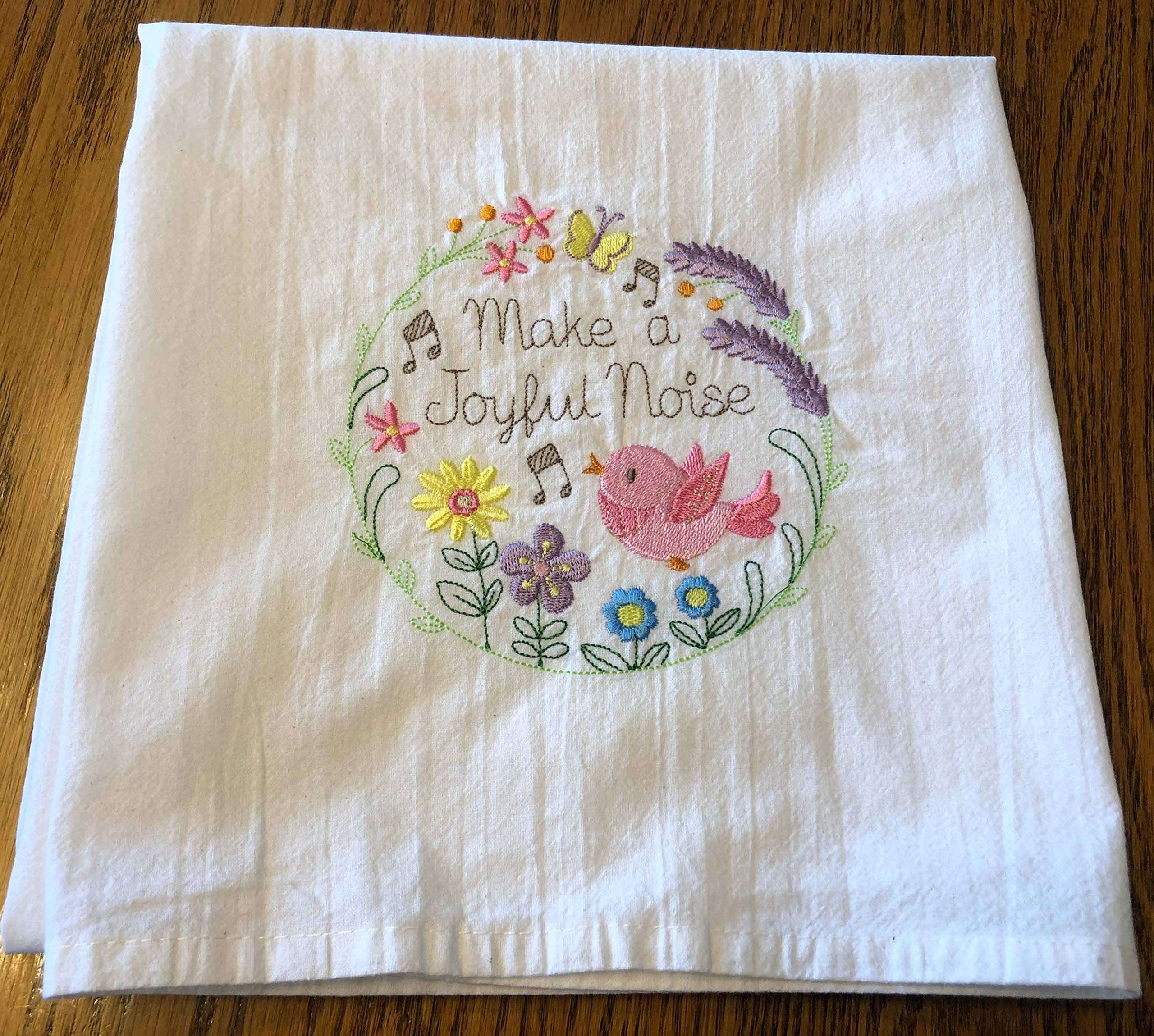 Make a Joyful Noise embroidered tea towel, bird and flowers in wreath, machine embroidery on flour sack dish towel