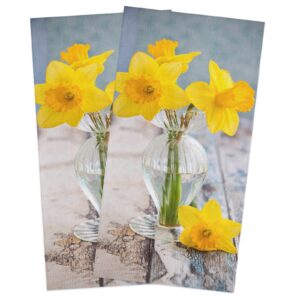 kitchen dish towel set of 2, daffodil flower wood table hand towels, ultra soft absorbent drying cloth tea towels for kitchen, bathroom, bar, hotel (18 x 28 inches)